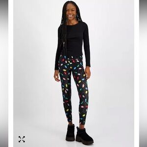 Planet Heart Glitter Lightbulb Holiday Leggings Black Festive Print NWT Size M